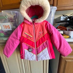 Girls Obermeyer Grow w Me Pink and White Hooded Winter Ski Jacket